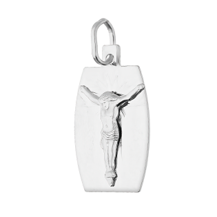 Medalik z białego złota blaszka z Panem Jezusem na krzyżu DJ422 białe złoto próba 585