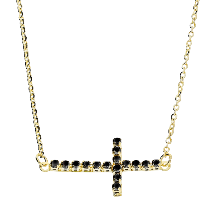 Naszyjnik złoty krzyżyk bokiem z czarnymi cyrkoniami/rolo M3-227 próba 585