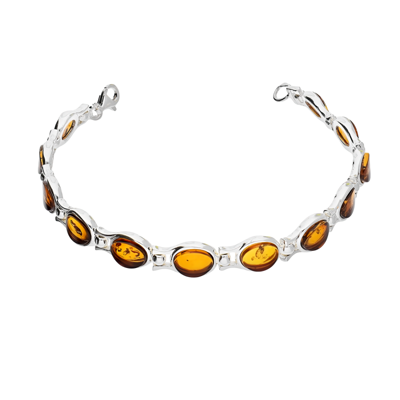 Bransoleta srebrna okrągłe bursztyny koniakowe MG 155-koniakowy próba 925