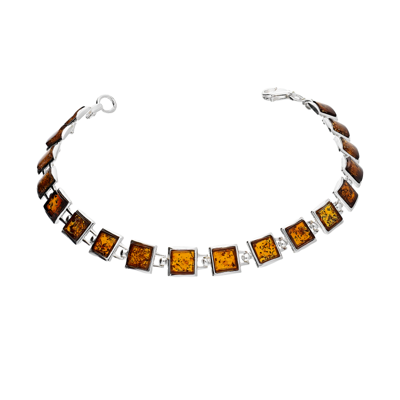 Bransoleta srebrna bursztyny koniakowe w kwadratowych ramkach MG 170-koniakowy próba 925