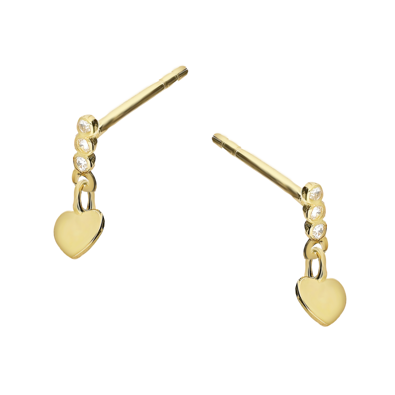 Kolczyki złote gładkie serce i trzy białe cyrkonie/sztyft MZ T23-E-986-CZ próba 585