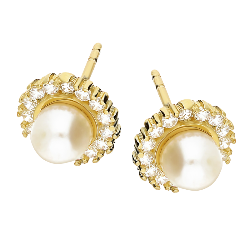 Kolczyki złote z białą perłą w kole z cyrkoniami/sztyft MZ T23-E-PN-137-Pearl-CZ próba 585