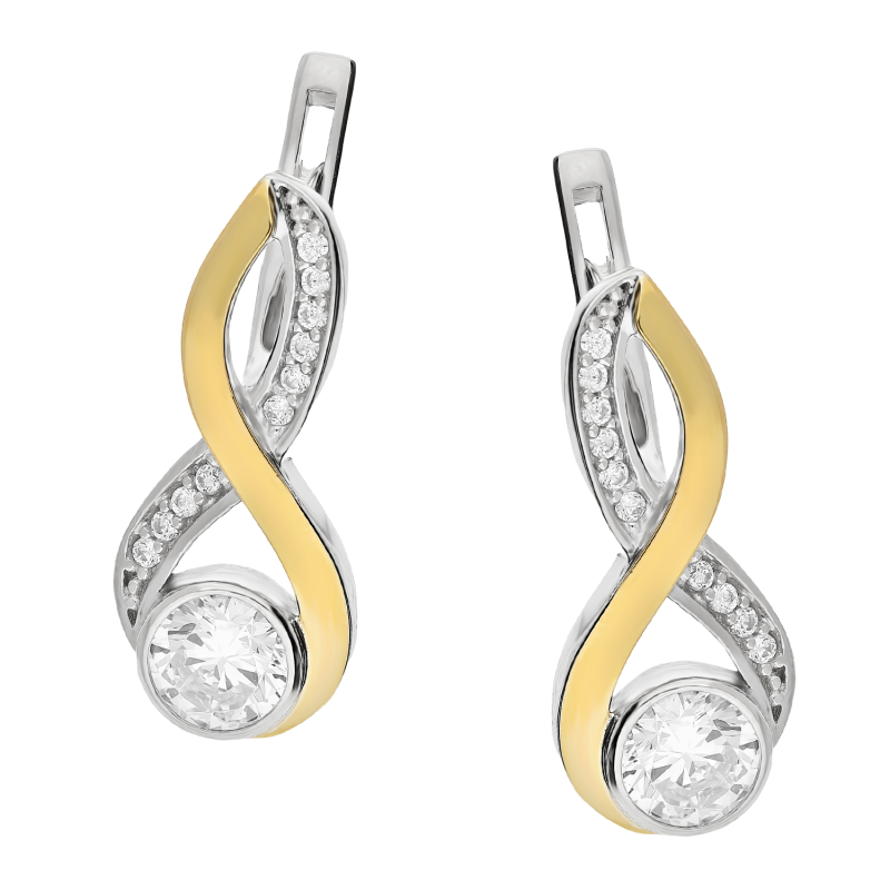 Kolczyki srebrne okrągła cyrkonia, fala i blaszka/ang.zap. PX 515_AU375 blaszka gold