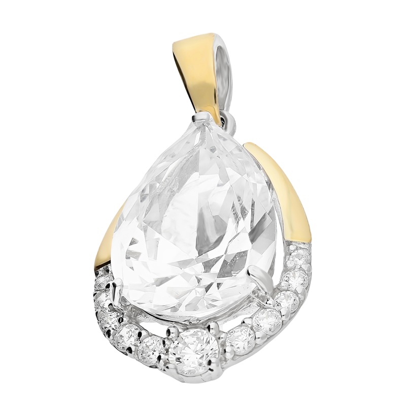 Zawieszka srebrna kropla z białymi cyrkoniami i złotą blaszką