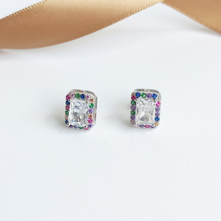 Kolczyki srebrne prostokątna biała cyrkonia i kolorowe cyrkonie/sztfyt A0 FIR_38 próba 925