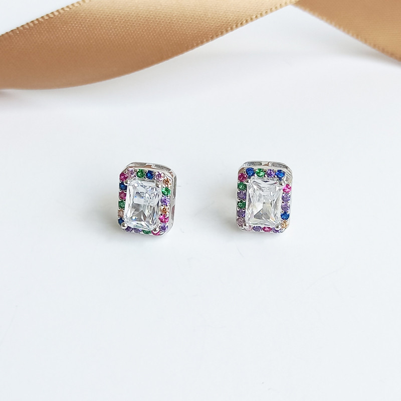 Kolczyki srebrne prostokątna biała cyrkonia i kolorowe cyrkonie/sztfyt A0 FIR_38 próba 925