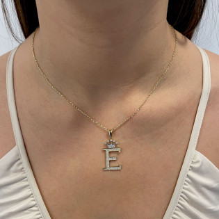 Literka złota E z koroną i białymi cyrkoniami LP 34U15-LT315-YW próba 585