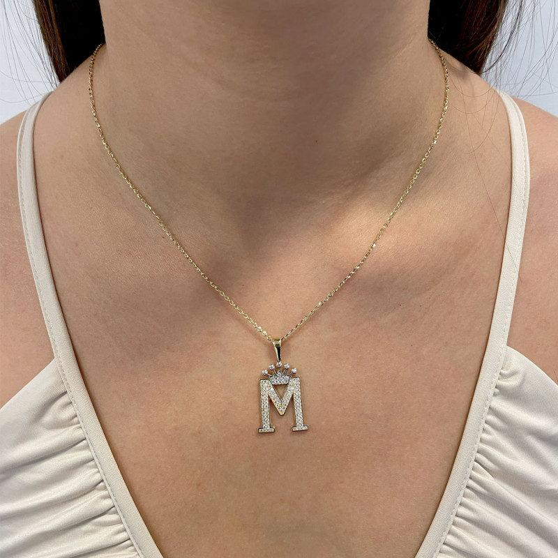 Złota zawieszka literka M z koroną i cyrkoniami - JubilerSezam.pl