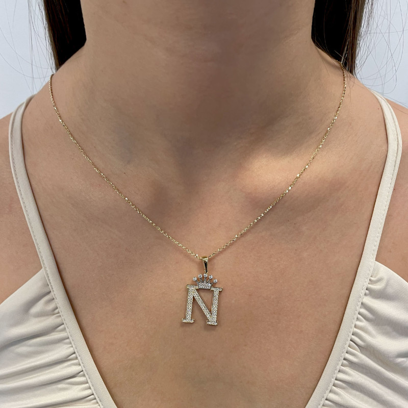 Literka złota N z koroną i białymi cyrkoniami LP 34U15-LT324-YW próba 585