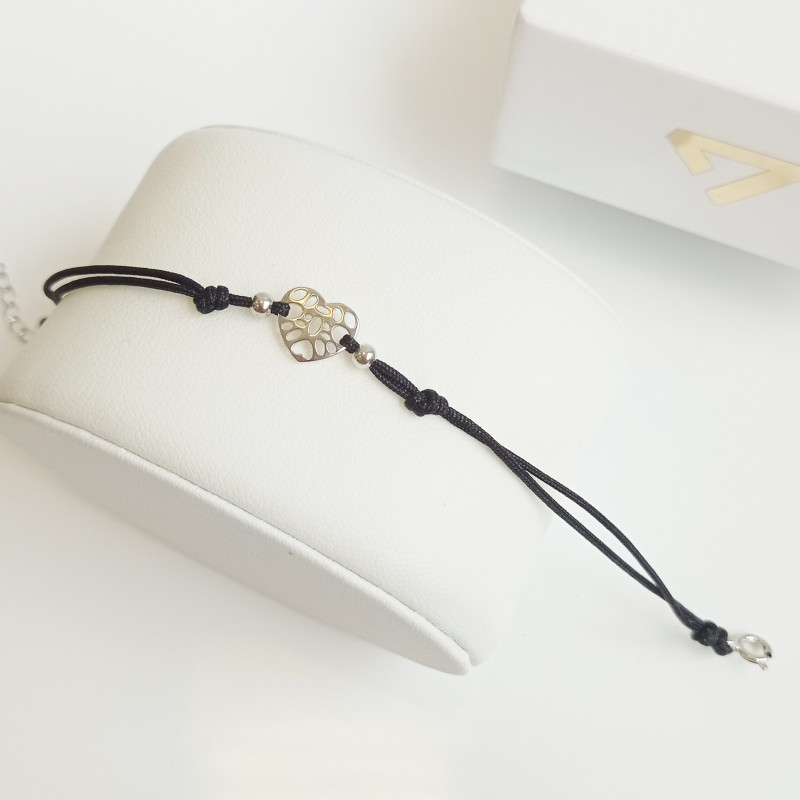 Bransoleta srebrna ażurowe serce na czarnym sznurku HS1698 próba 925