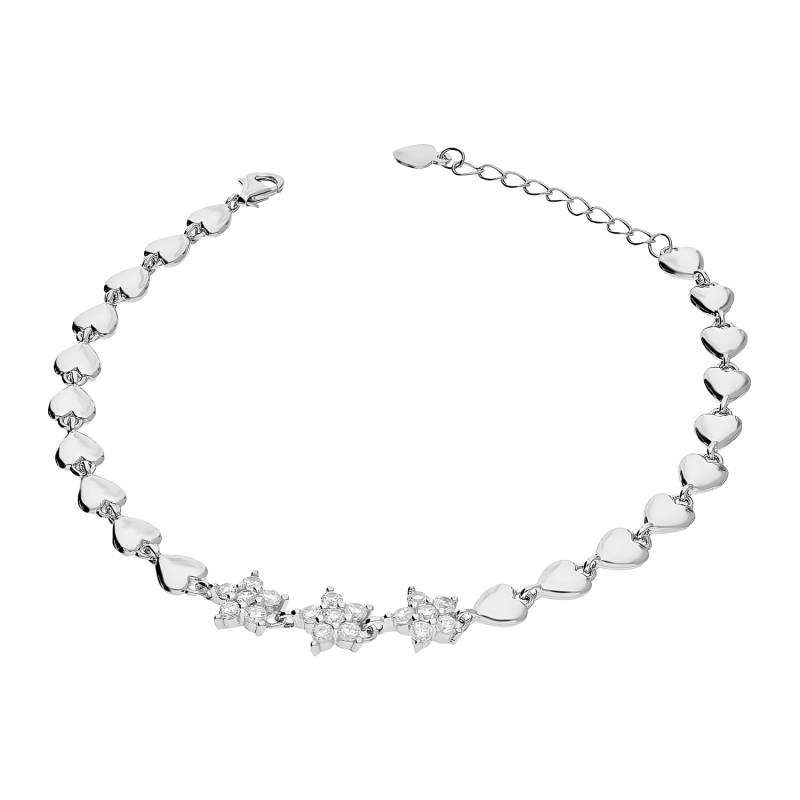 Bransoleta srebrna kwiaty z cyrkoniami i gładkie serca HS A0671-1 próba 925