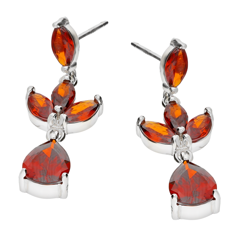 Kolczyki srebrne krople na gałązce z czerwonymi cyrkoniami/sztyft HS695 czerwony próba 925