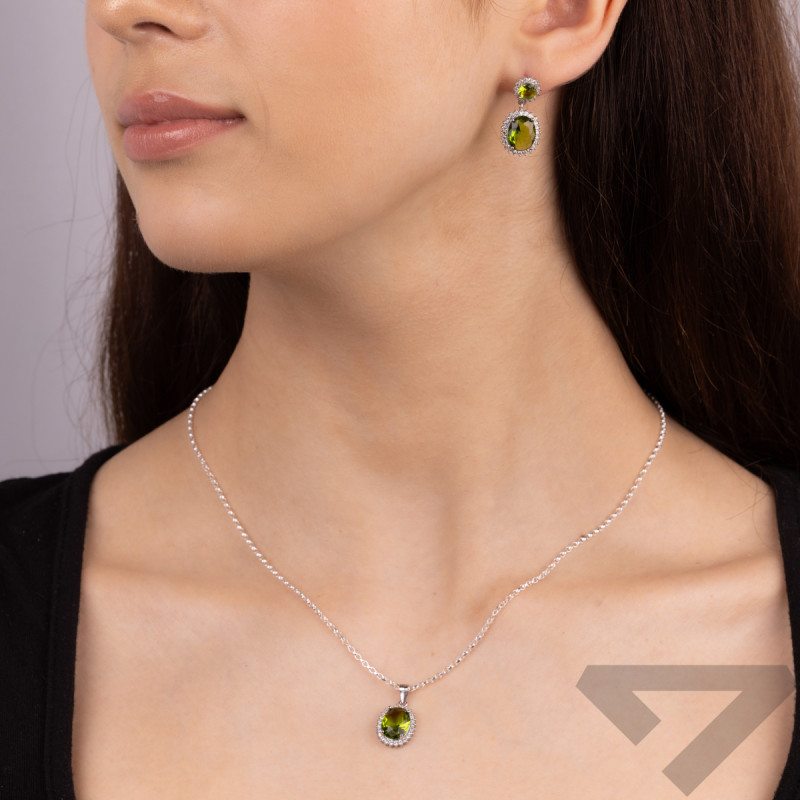 Komplet srebrny kolczyki i zawieszka owal z zieloną cyrkonią A01051 próba 925