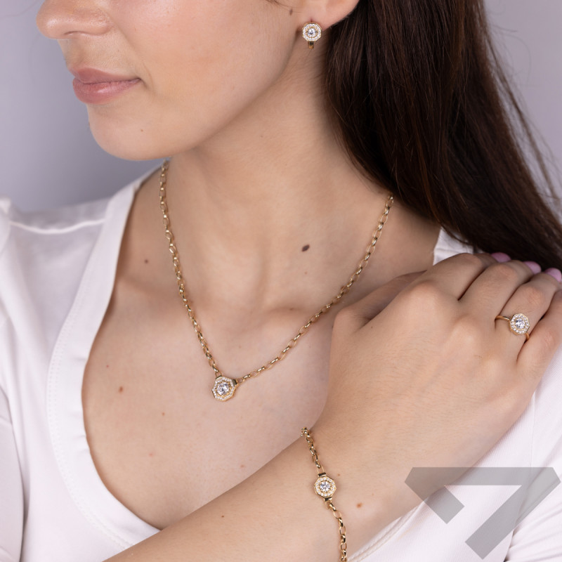 Kolczyki złote ośmiokąt z białymi cyrkoniami angielskie zapięcie