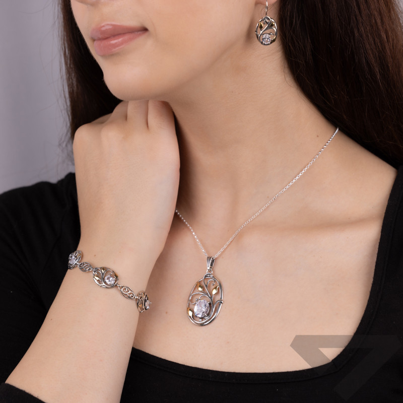 Kolczyki srebrne ażurowy owal z cyrkonią i pozłacanymi listkami TB 03471-03470 próba 925