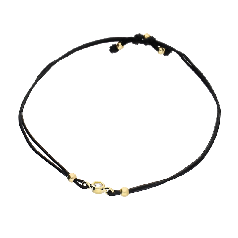 Bransoleta złota cyrkonia w okrągłej oprawie na czarnym sznurku LP 34U25-B0150-Y-CZ-IP-BL próba 375