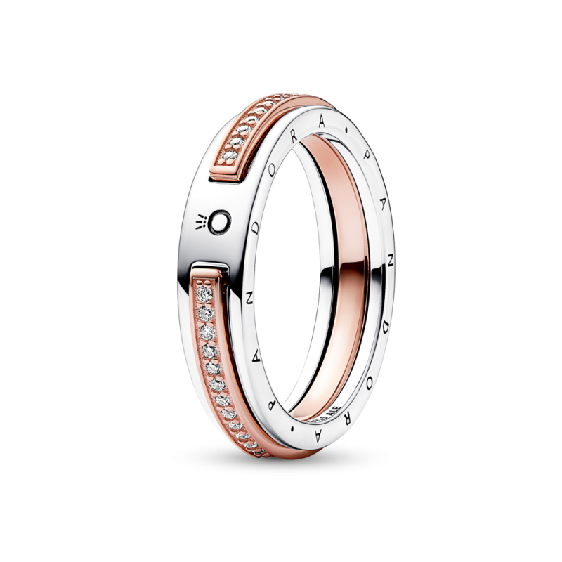 Dwutonowy pierścionek pavé z logo Pandora Signature 182773C01