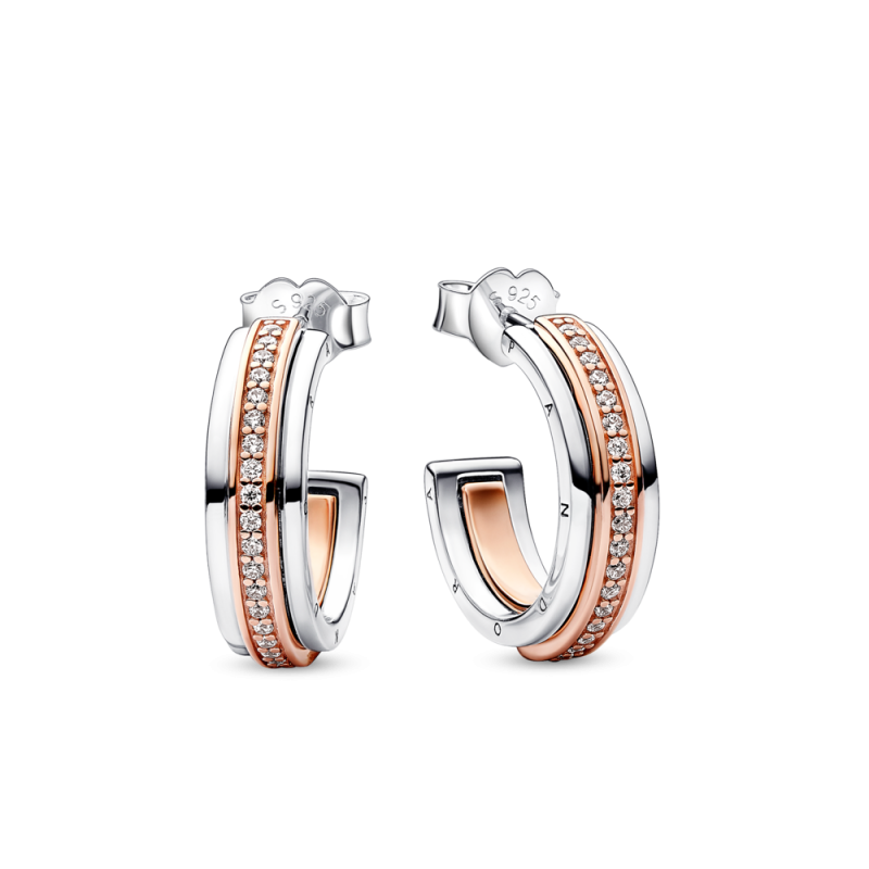 Dwutonowe kolczyki obręcze pavé z logo Pandora Signature 282737C01