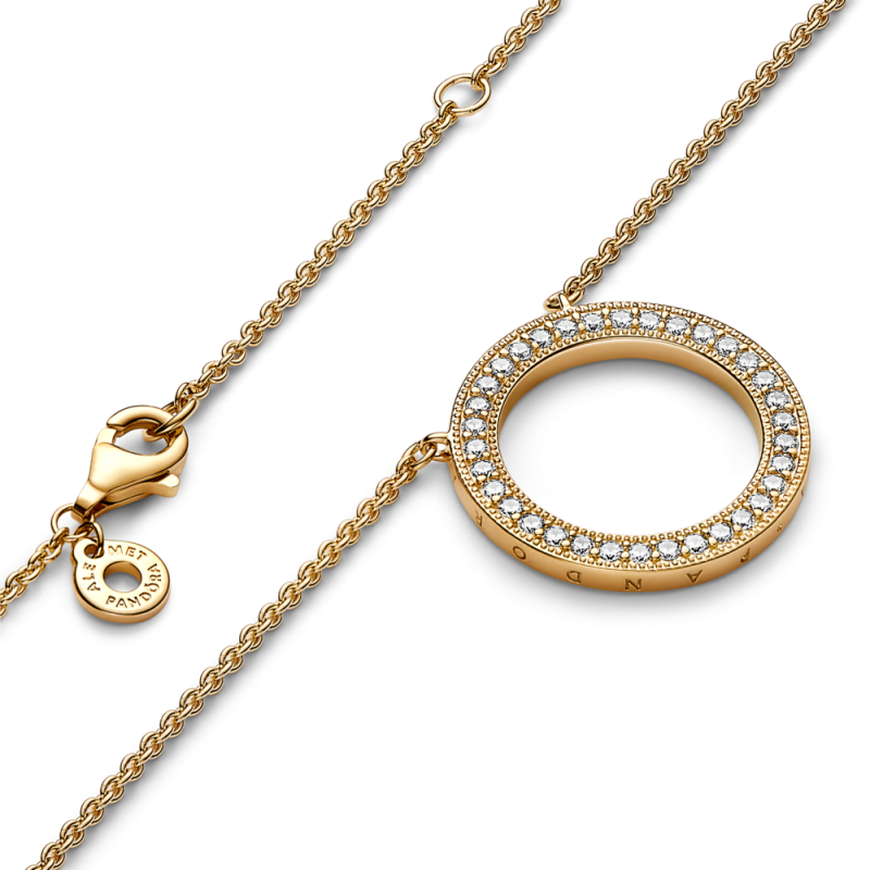 Naszyjnik z okrągłą zawieszką pavé z sercami i logo Pandora Signature 362735C01