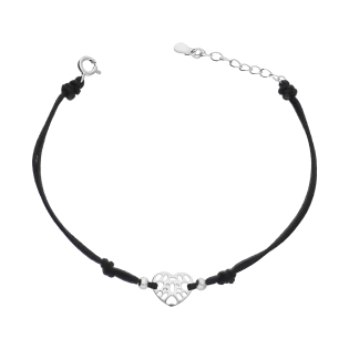 Bransoleta srebrna ażurowe serce na czarnym sznurku HS1698 próba 925