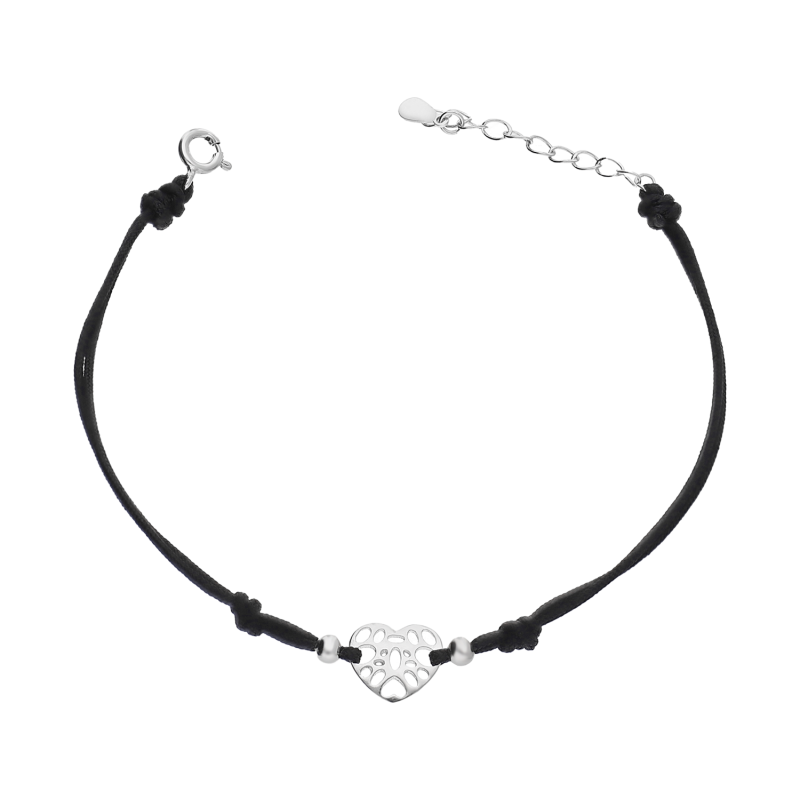 Bransoleta srebrna ażurowe serce na czarnym sznurku HS1698 próba 925