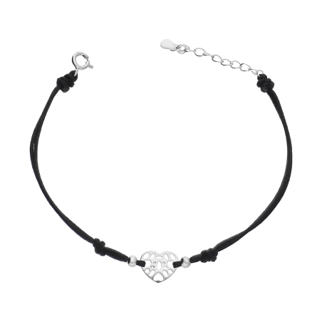 Bransoleta srebrna ażurowe serce na czarnym sznurku HS1698 próba 925
