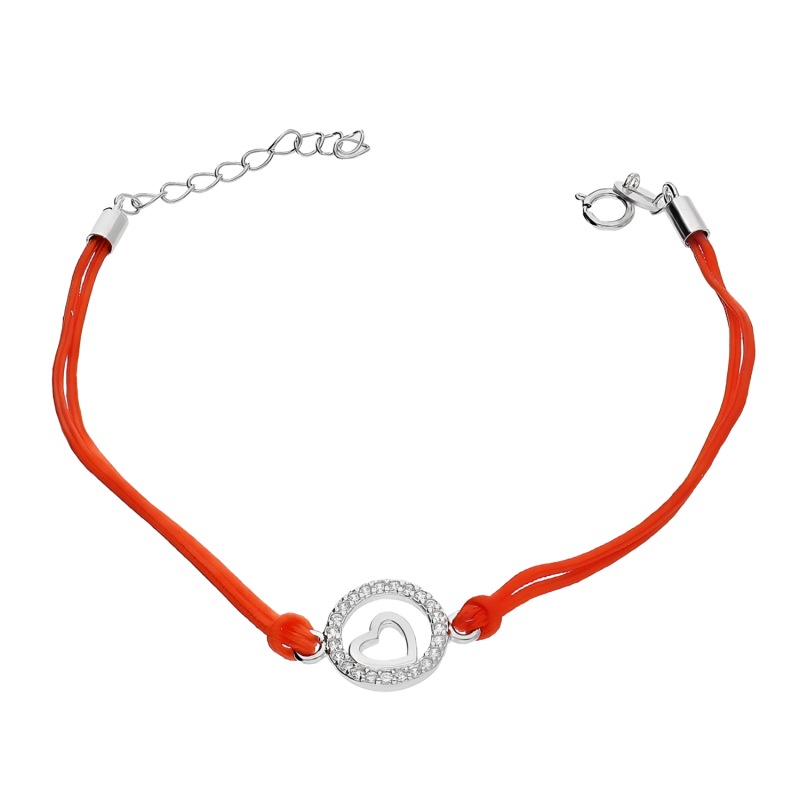 Bransoleta srebrna serce w kółku z cyrkoniami na czerwonym sznurku PW94 ROD czerwony próba 925