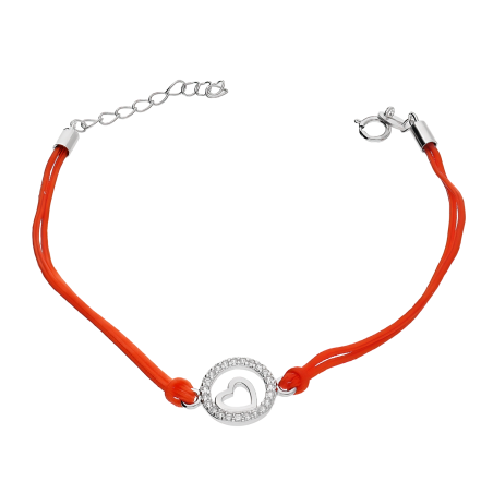 Bransoleta srebrna serce w kółku z cyrkoniami na czerwonym sznurku PW94 ROD czerwony próba 925