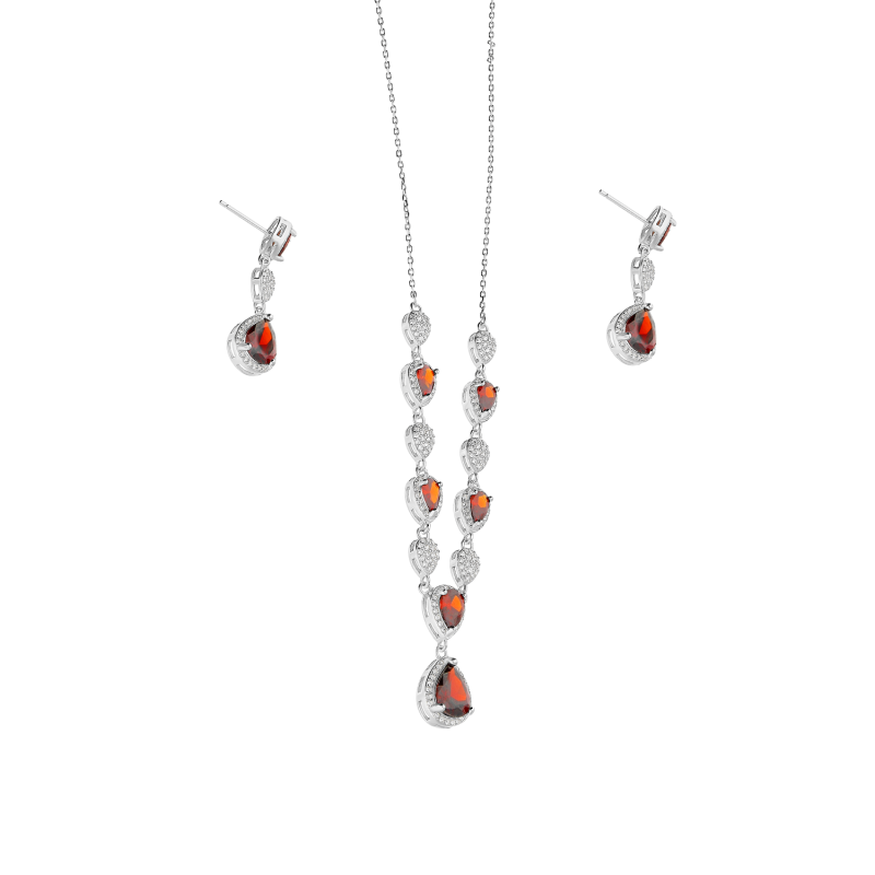 Komplet srebrny naszyjnik i kolczyki czerwone i białe cyrkonie HS1440 czerwony próba 925