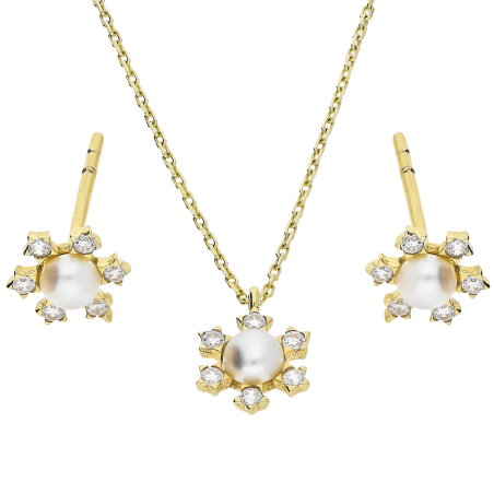 Złoty Komplet Śnieżynka z Perłą i Cyrkoniami pr. 375 - JubilerSezam.pl