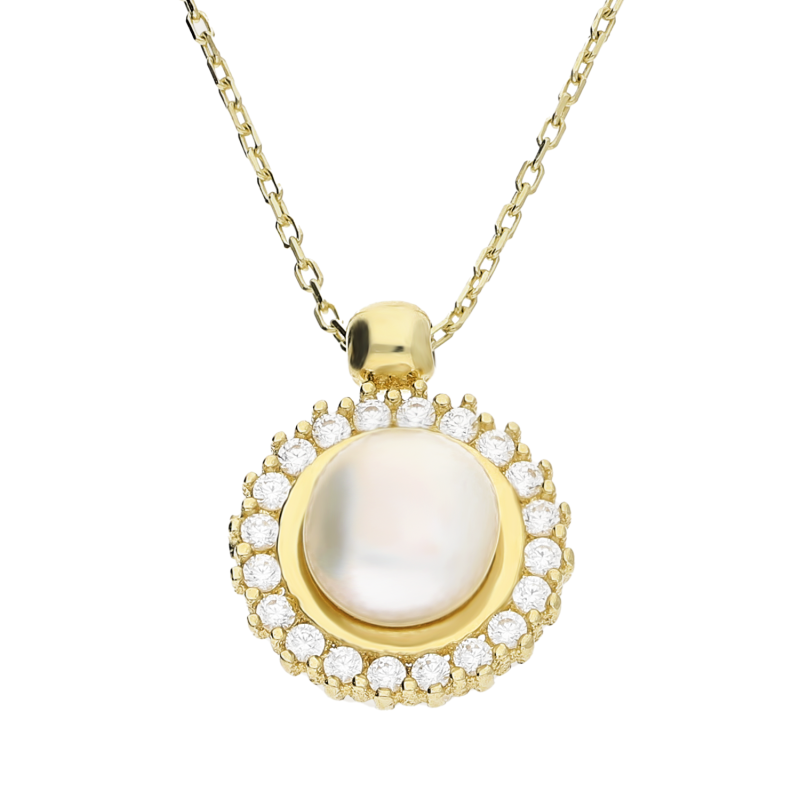 Naszyjnik złoty biała perła 7 mm na kółku z cyrkoniami naokoło