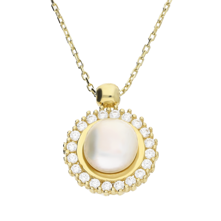 Naszyjnik złoty biała perła 7 mm na kółku z cyrkoniami naokoło