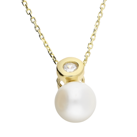 Naszyjnik złoty z białą perłą i cyrkonią na łańcuszku anker