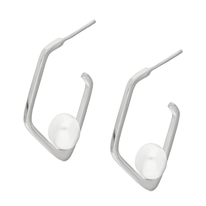 Kolczyki srebrne biała perła na otwartym rombie/sztyft PA028 próba 925