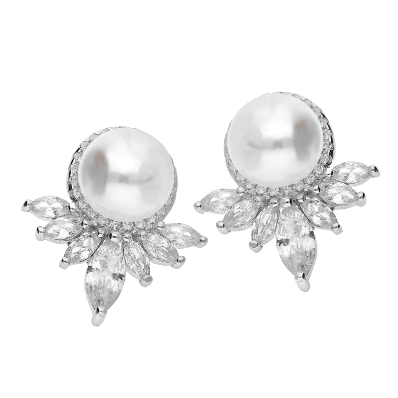 Kolczyki srebrne biała perła w kole i pióropusz z cyrkoniami/sztyft PA072 próba 925