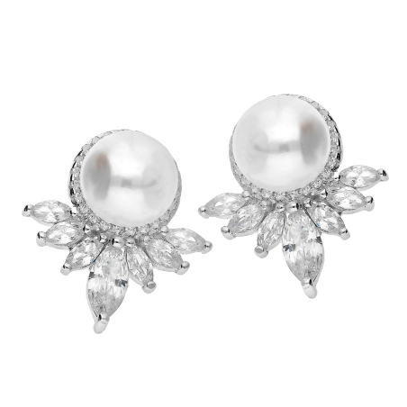 Kolczyki srebrne biała perła w kole i pióropusz z cyrkoniami/sztyft PA072 próba 925