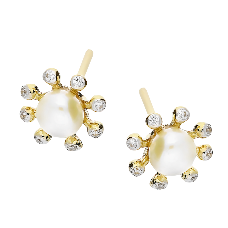 Kolczyki złote z białą perłą i cyrkoniami/sztyft LP 79U10-STKE3448-Y próba 585