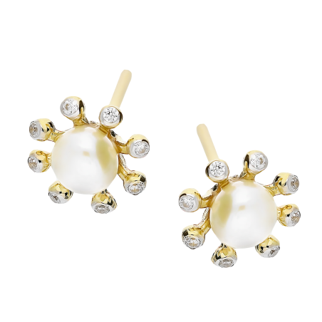 Kolczyki złote z białą perłą i cyrkoniami/sztyft LP 79U10-STKE3448-Y próba 585