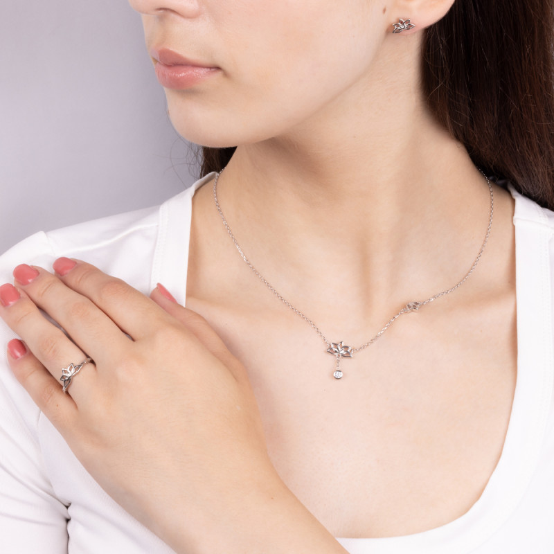 Naszyjnik srebrny dwie lilie wodne i cyrkonia/anker AT690 próba 925