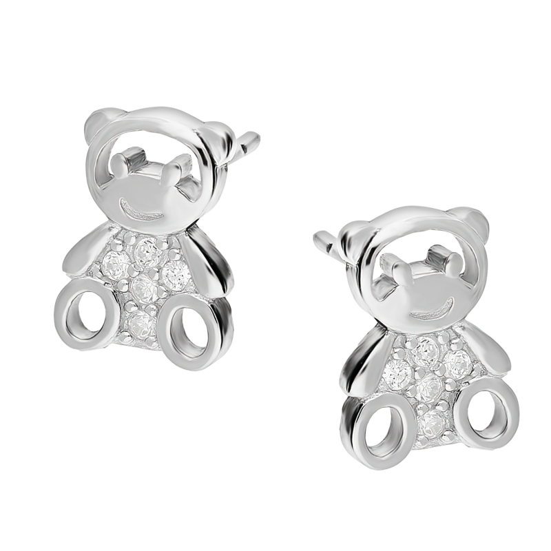 Kolczyki srebrne dla dziewczynki miś z białymi cyrkoniami/sztyft DA908 próba 925