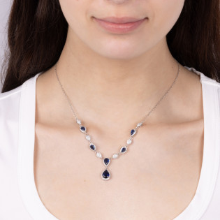 Naszyjnik srebrny krople z szafirowymi i białymi cyrkoniami/anker HS1440 szafir próba 925
