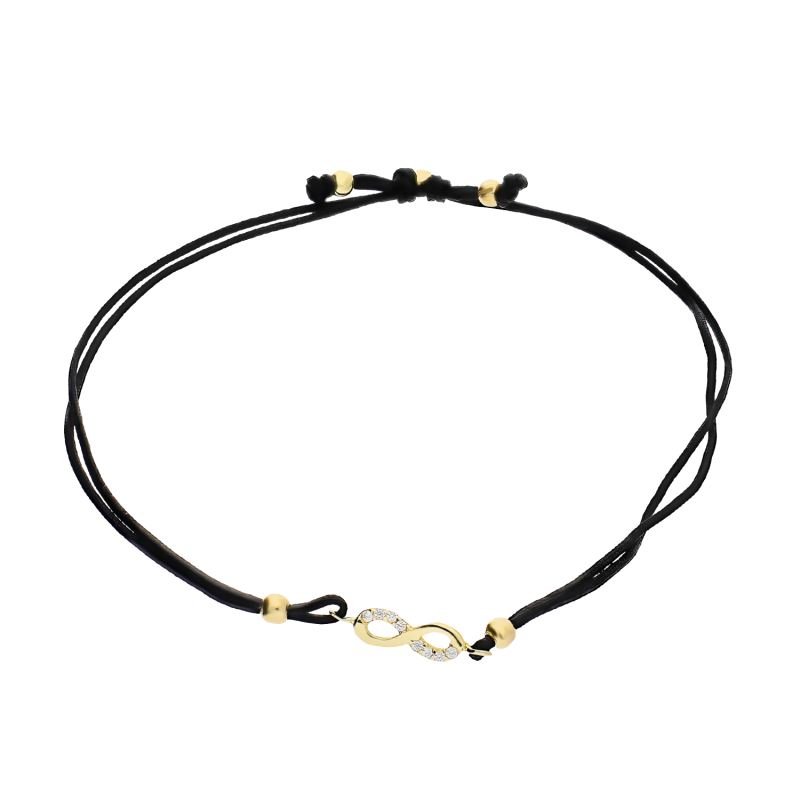 Bransoleta złota infinity z cyrkoniami na czarnym sznurku LP 34U25-B0111-Y-CZ-IP-BL próba 375
