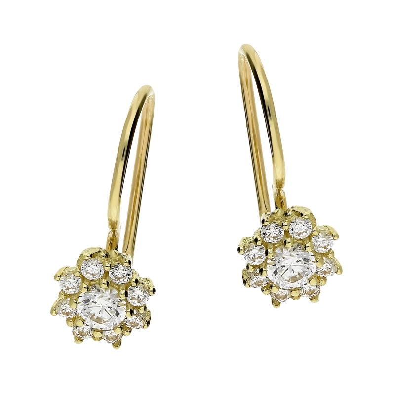 Kolczyki złote dla dziewczynki kwiatek z białymi cyrkoniami  próba 375