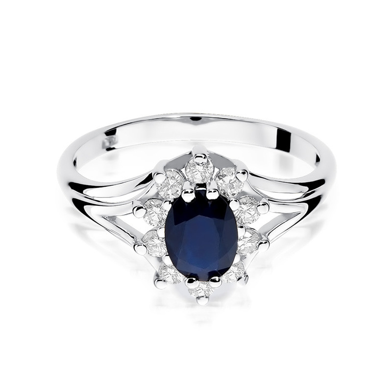 Pierścionek zaręczynowy z białego złota z szafirem i diamentami BE W-037W SA owal Markiz próba 585