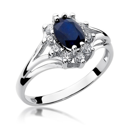 Pierścionek Zaręczynowy z Szafirem i Diamentami - Białe Złoto 585 - JubilerSezam.pl