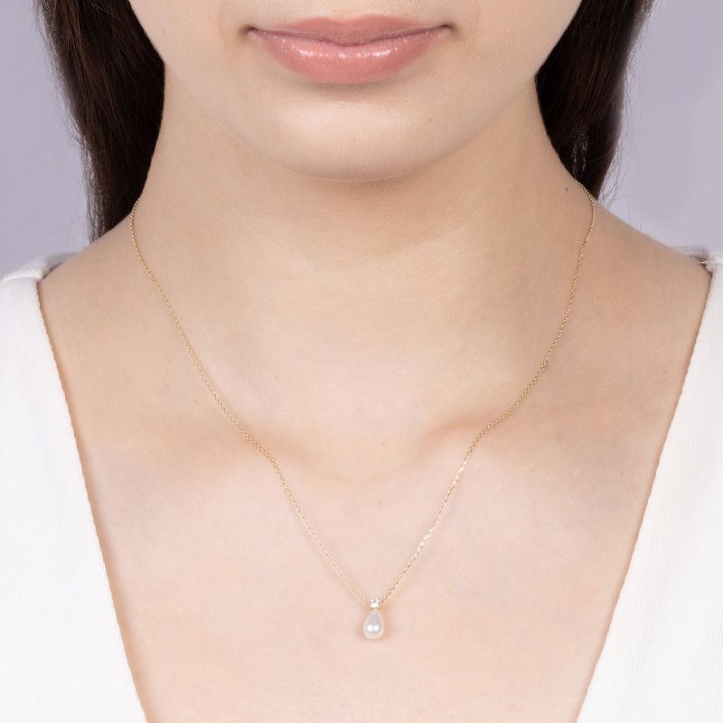 Naszyjnik złoty biała perła w formie kropli i cyrkonia/ MZ T23-PN-2612-CZ-Pearl-5,70mm próba 375