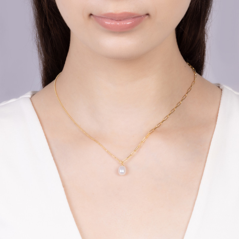 Naszyjnik pozłacany z owalną perłą/anker+bead A6 07486306-00 próba 925