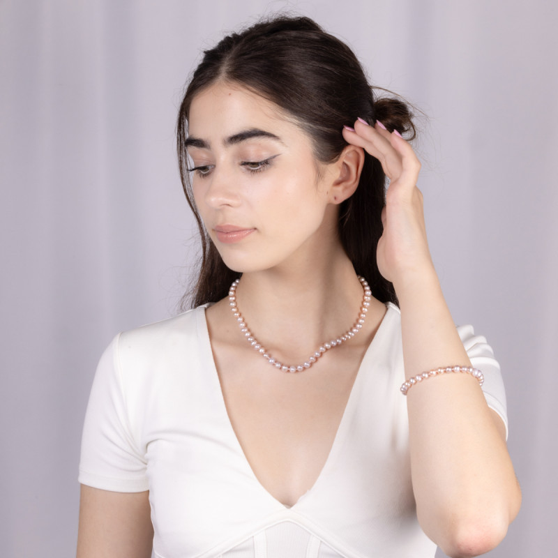 Naszyjnik srebrny z jasno-różowymi perłami hodowanymi/kulka AJ011-kulka 6mm próba 925