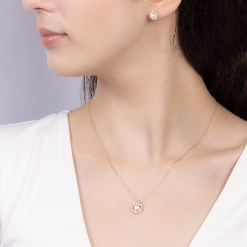 Kolczyki złote z białą perłą w kole z cyrkoniami/sztyft MZ T23-E-PN-137-Pearl-CZ próba 585