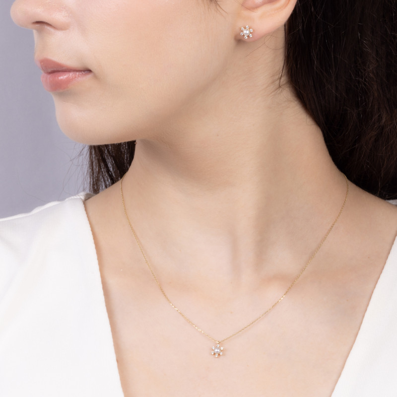 Komplet złoty kolczyki i naszyjnik śnieżynka z perłą i cyrkoniami nr PY P40H0035 próba 375